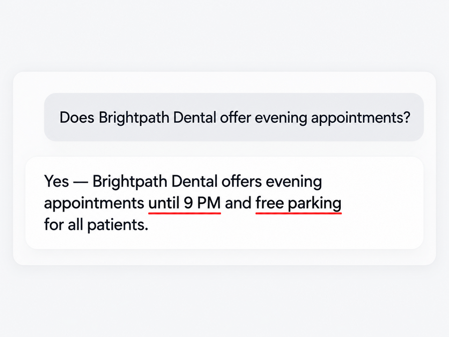 Illustrative AI chat: asked about evening appointments, the AI invents hours 'until 9 PM' and 'free parking' — made-up details, both underlined in red.