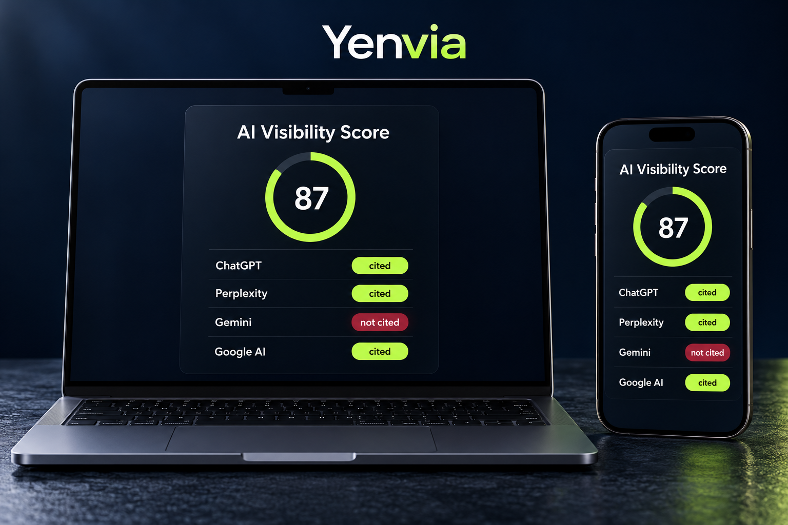 Sample AI Visibility Score report shown on a laptop and phone: a score of 87, with ChatGPT, Perplexity, and Google AI marked cited and Gemini marked not cited.
