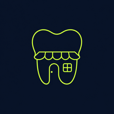 Line icon of a tooth with a shop awning, for dental practices.