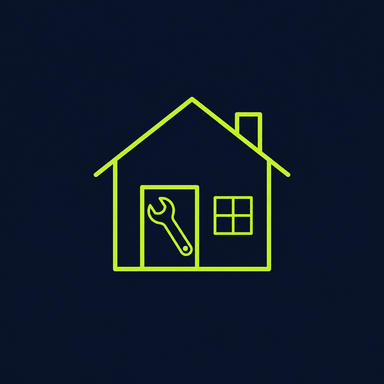 Line icon of a house with a wrench on the door, for home-service companies.